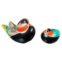 Vintage Japan Mandarin Duck Pair Brilliant Hand Painted Colors, Mint, Signed, and Boxed