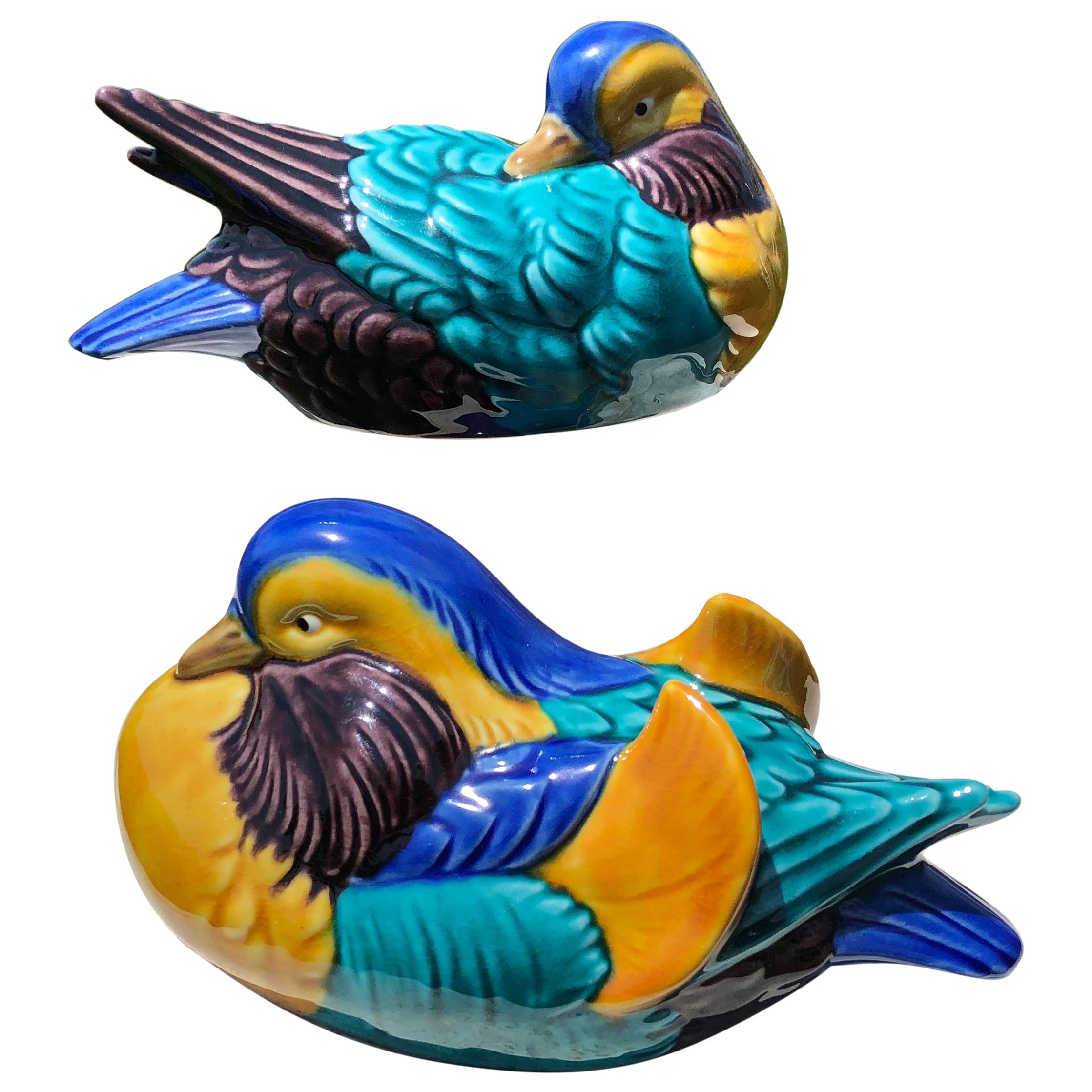 Japan Mandarin Duck Pair, Hand Painted Brilliant Colors, Signed