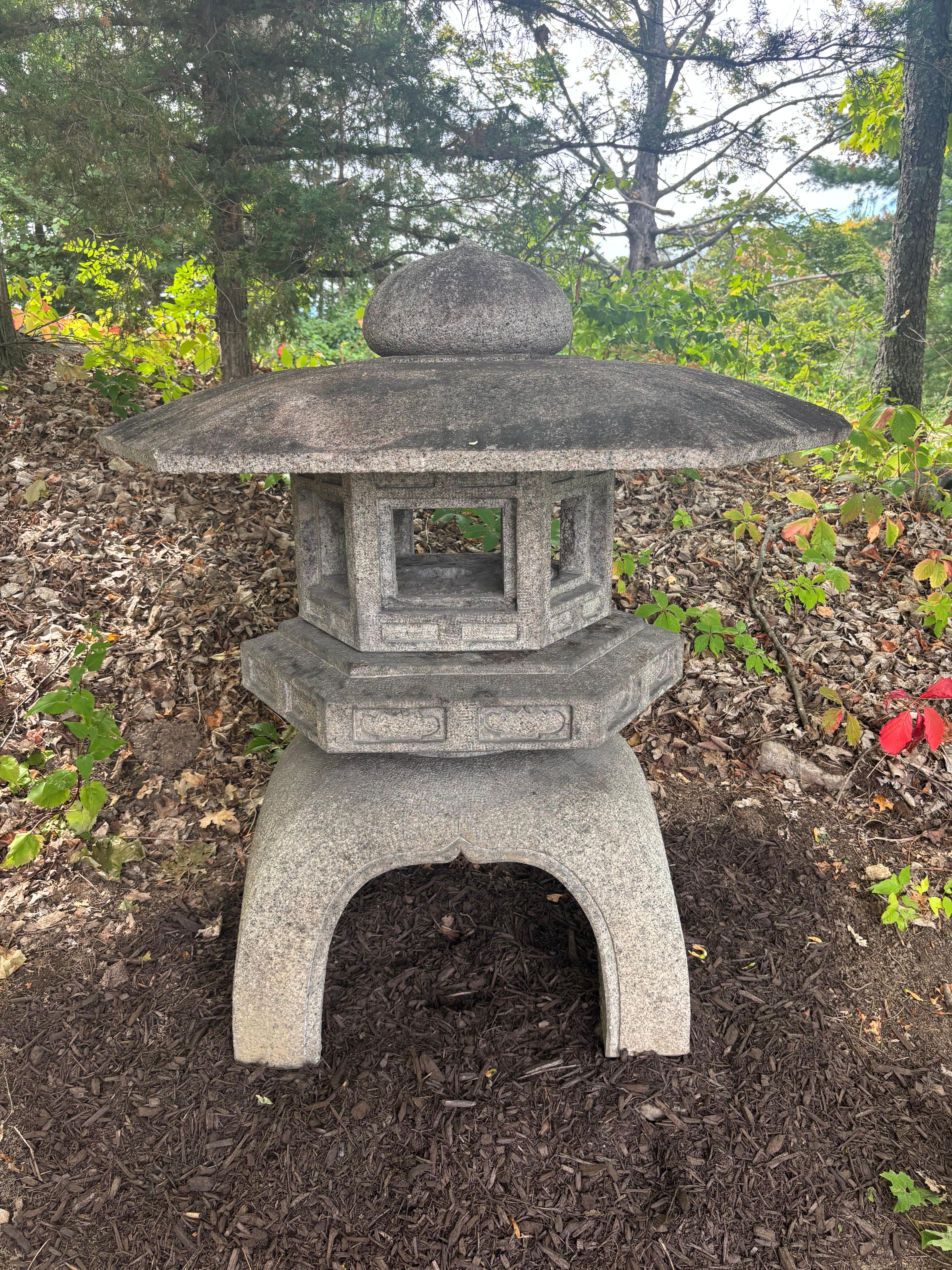 Showa Japan Massive Old Stone Yukimi Lantern with Beautiful Details, 48 Inches For Sale