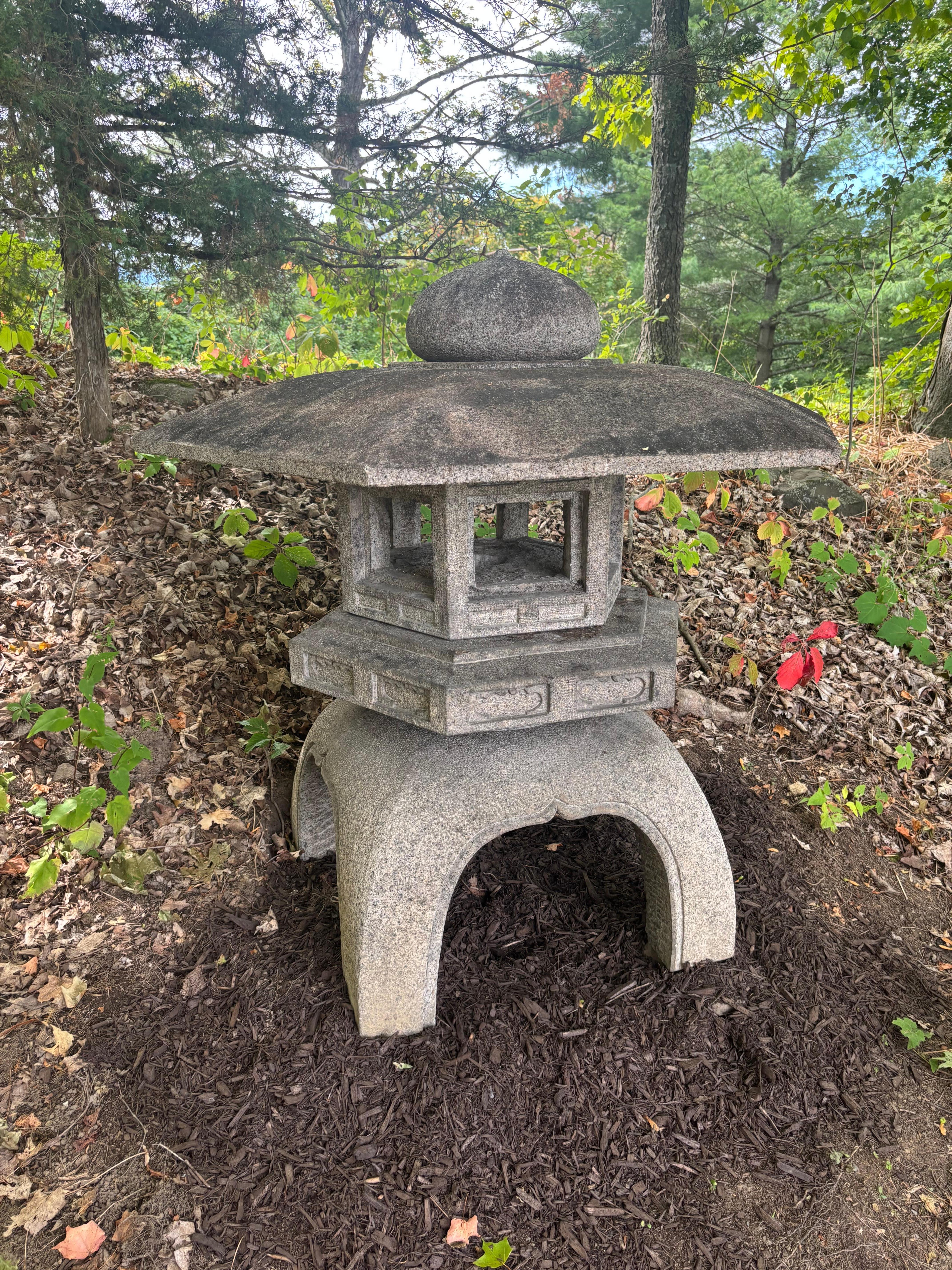 Japanese Japan Massive Old Stone Yukimi Lantern with Beautiful Details, 48 Inches For Sale
