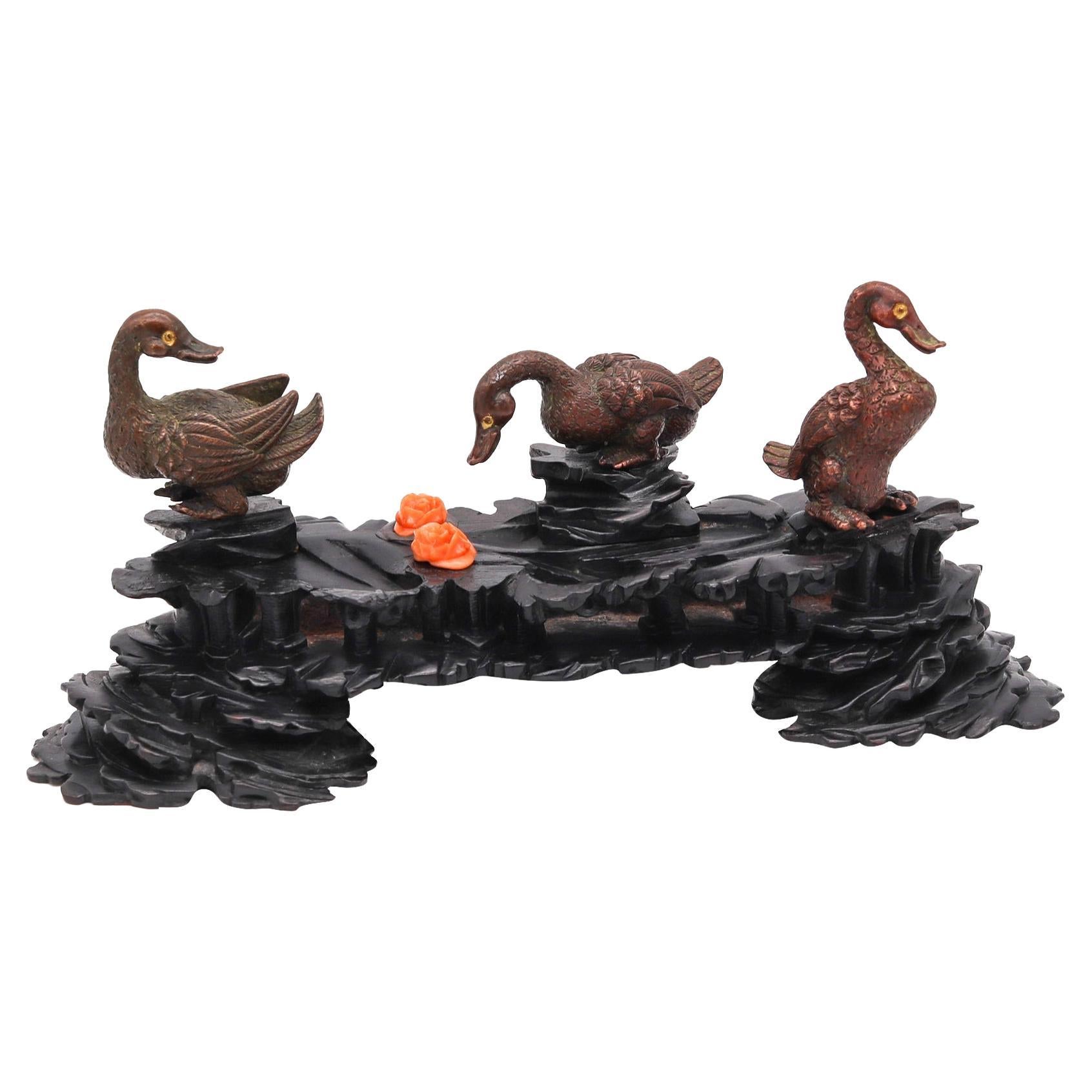 Japan Meiji 1900 Three Bronze Ducks Sculpture in Wood Stand and Coral
