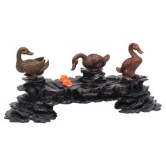 Antique Japan Meiji 1900 Three Bronze Ducks Sculpture in Wood Stand and Coral