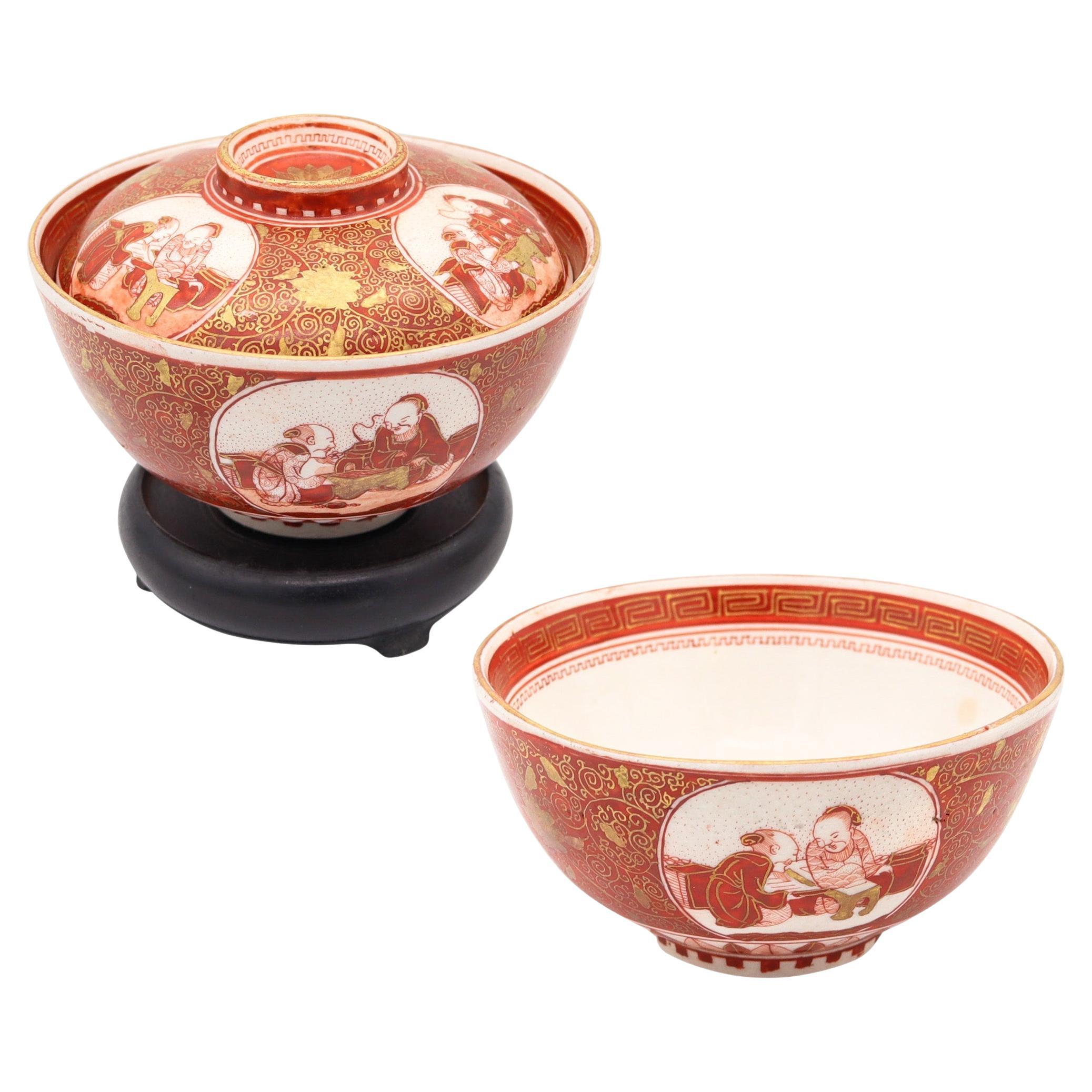 JAPAN Meiji 19th Century Kutani Ware Bowls With Red Decoration & Gold Accents