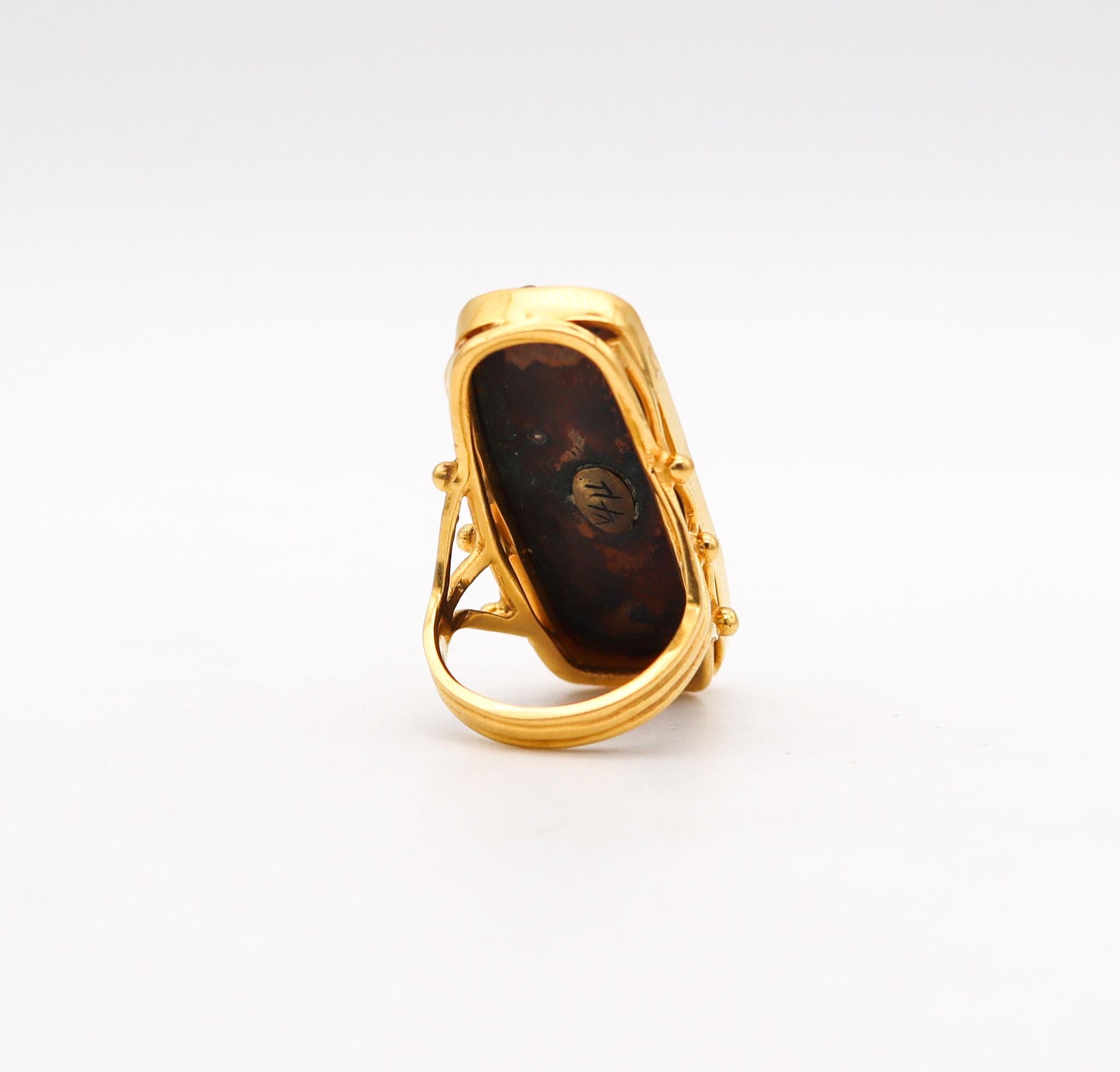Art Nouveau Japan Meiji Menuki Ring With Shakudo In 14Kt Yellow Gold 24Kt Gold And Bronze For Sale