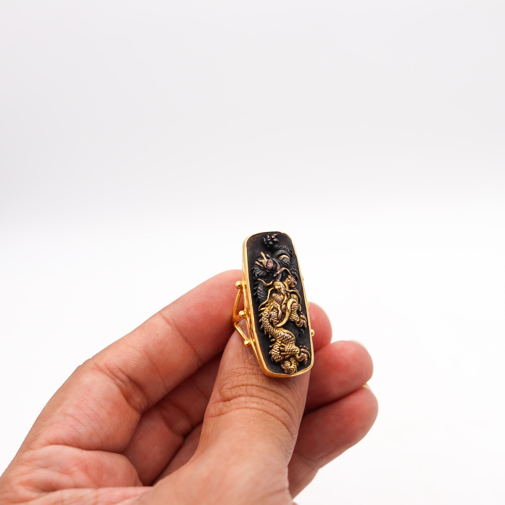 Women's or Men's Japan Meiji Menuki Ring With Shakudo In 14Kt Yellow Gold 24Kt Gold And Bronze For Sale