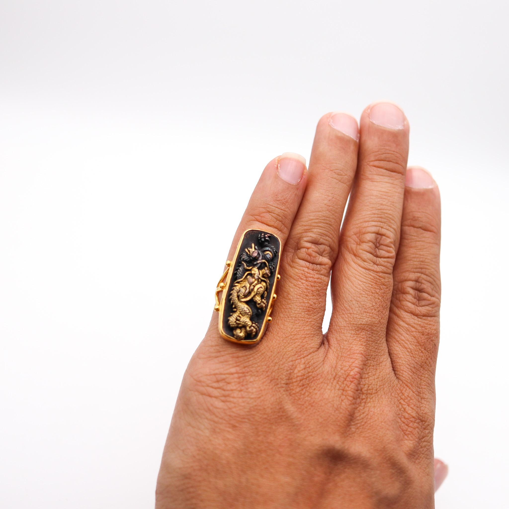 Japan Meiji Menuki Ring With Shakudo In 14Kt Yellow Gold 24Kt Gold And Bronze For Sale 1