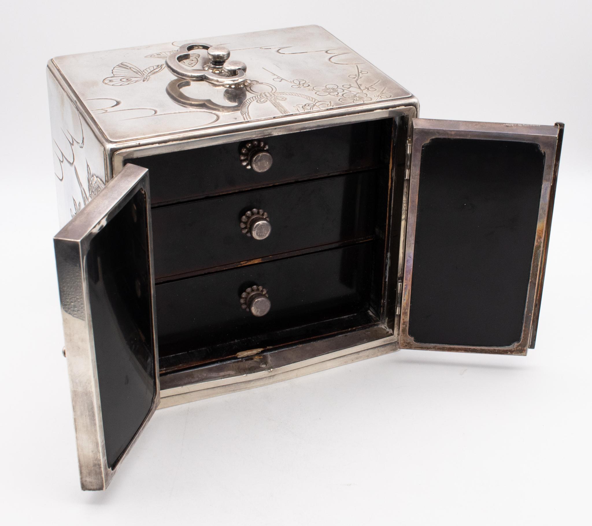 Late 19th Century Japan Meiji Period 1868-1912 Jewel Box with Compartments Drawers Sterling Silver