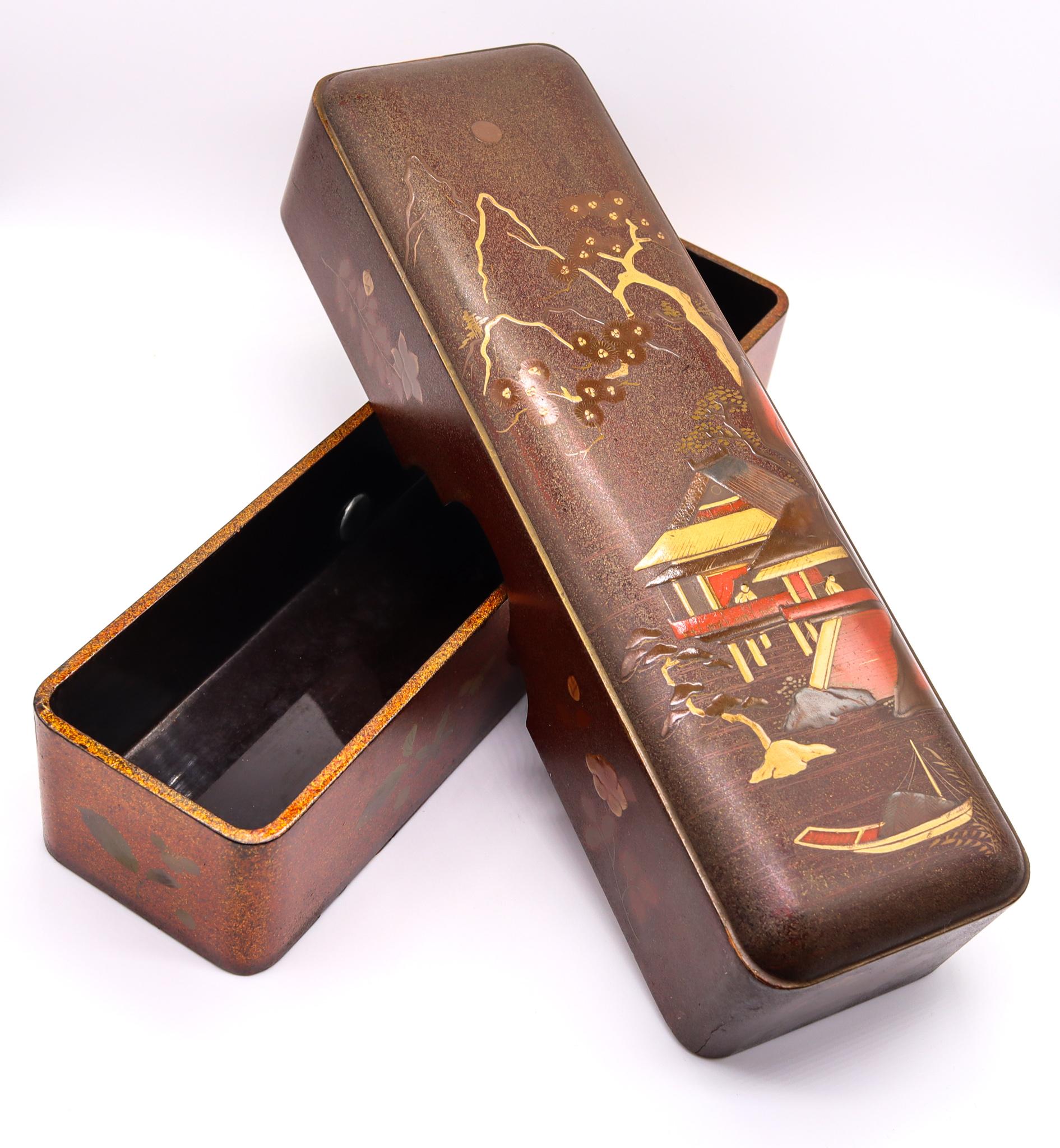 Japan Meiji Period 1890 Fubako Box Letters Lacquered Polychromate Wood Polychrom In Excellent Condition In Miami, FL