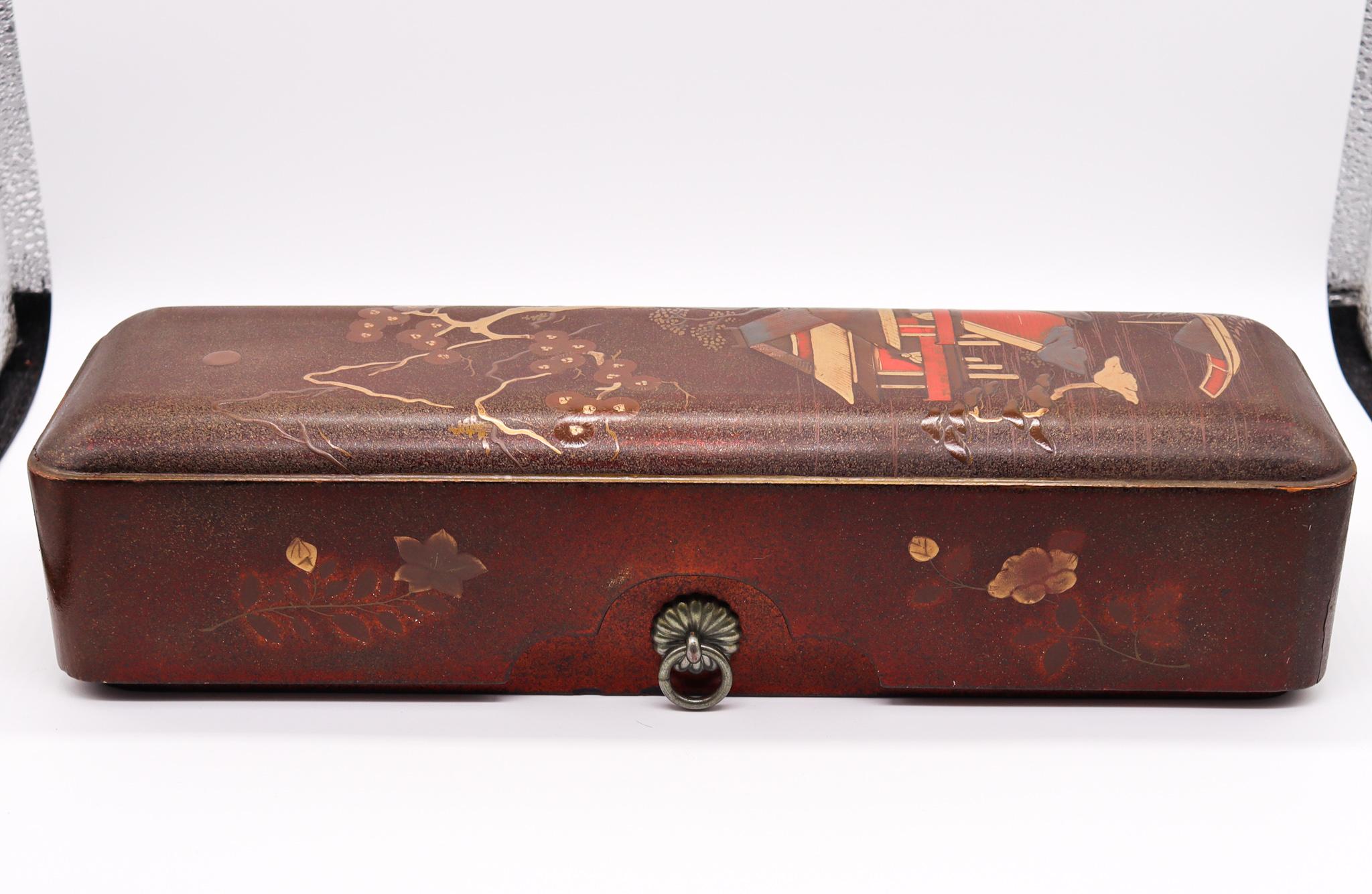 Japan Meiji Period 1890 Fubako Box Letters Lacquered Polychromate Wood Polychrom 2