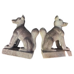 Japan Monumental Antique Pair Hand Carved Granite Stone Inari Fox Kitsune, 32"