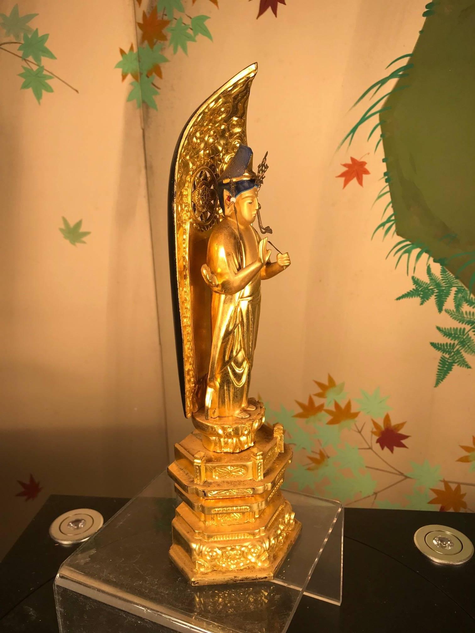 Wood Japan Old Authentic Gold Compassionate Buddha Special Signed & Ready Home Shrine
