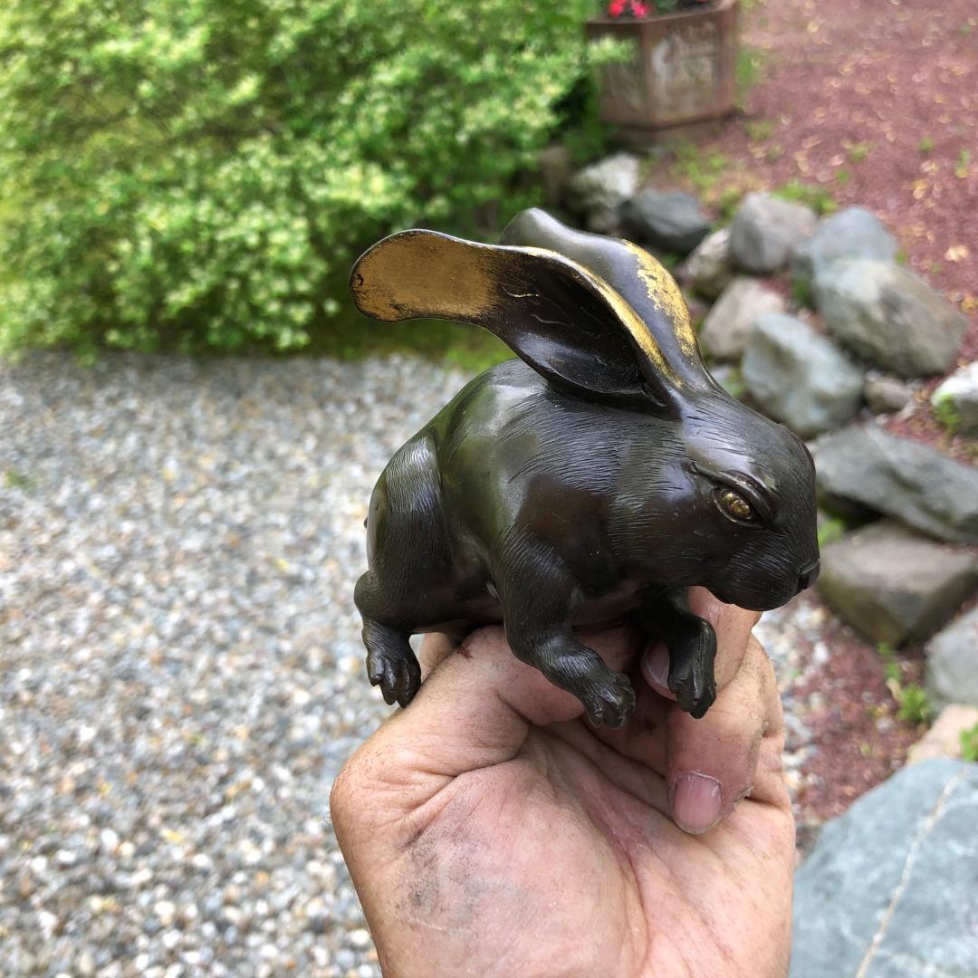 Japan Old Bronze Gold Gilt Bronze Rabbit, Floppy Ears, Fine Details & Signed Box 3