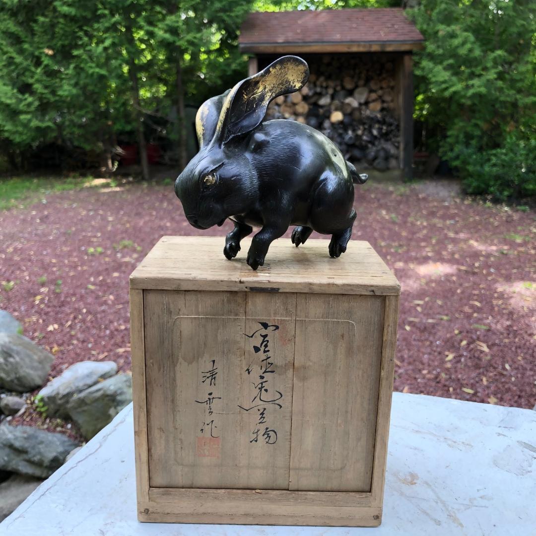 Japan Old Bronze Gold Gilt Bronze Rabbit, Floppy Ears, Fine Details & Signed Box 5