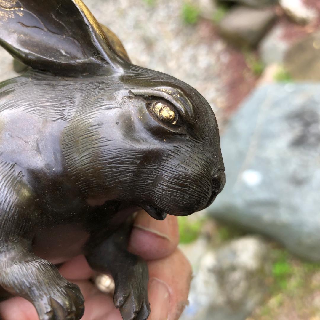 Japanese Japan Old Bronze Gold Gilt Bronze Rabbit, Floppy Ears, Fine Details & Signed Box
