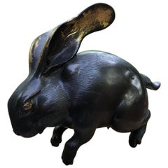 Antique Japan Old Bronze Gold Gilt Bronze Rabbit, Floppy Ears, Fine Details & Signed Box