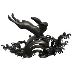 Japan Old Bronze Rabbit Jumping over Waves, Fine Details