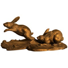 Antique Japan Old Bronze Rabbits Jumping over Waves, Fine Details and Signed