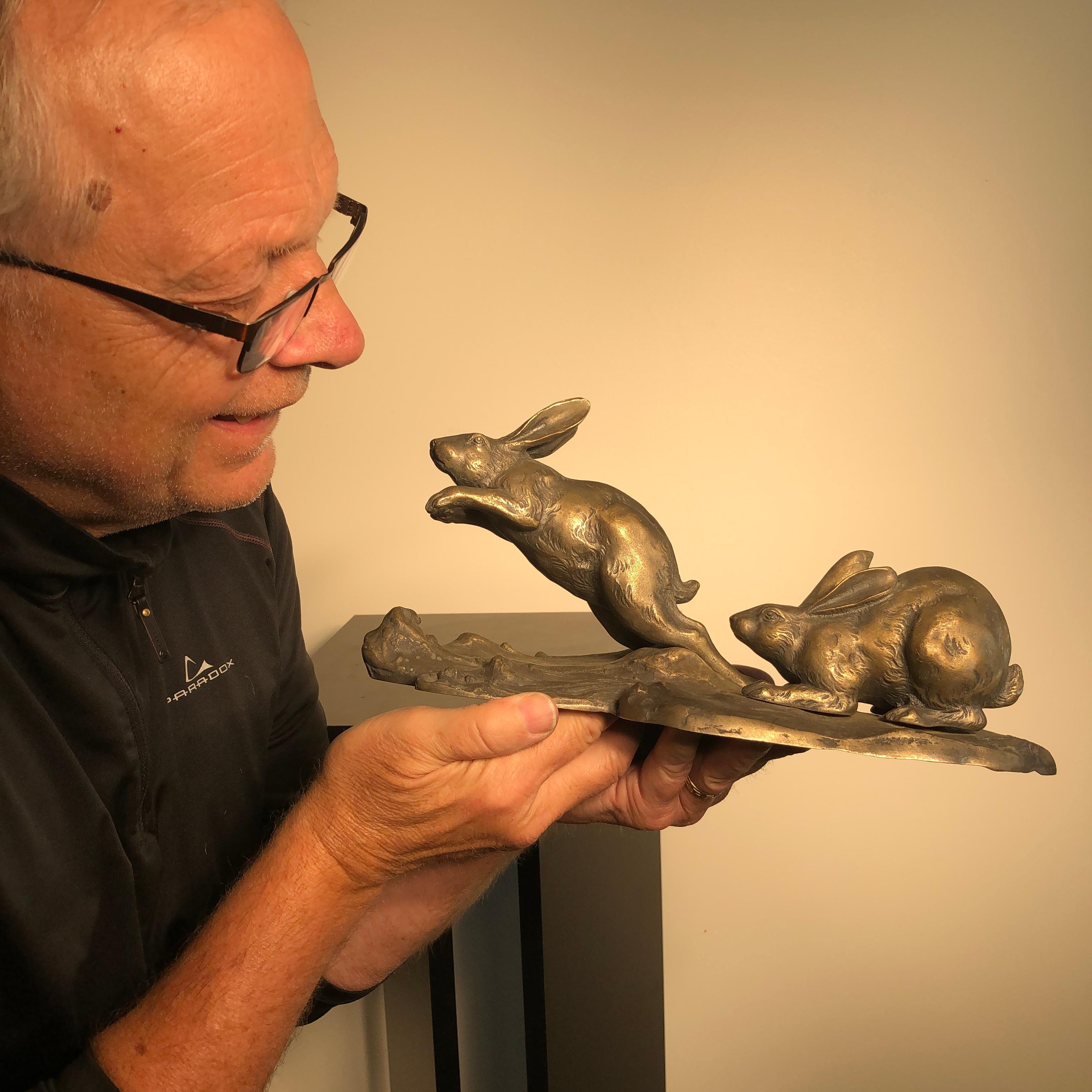 From our recent Japanese Kyoto Acquisitions travels.

Here's a first.

This is a stunning bronze sculpture of two rabbits, usagi, jumping over waves- one of the most unusual large-scale bronze rabbit sculptures we have come across -an unusually