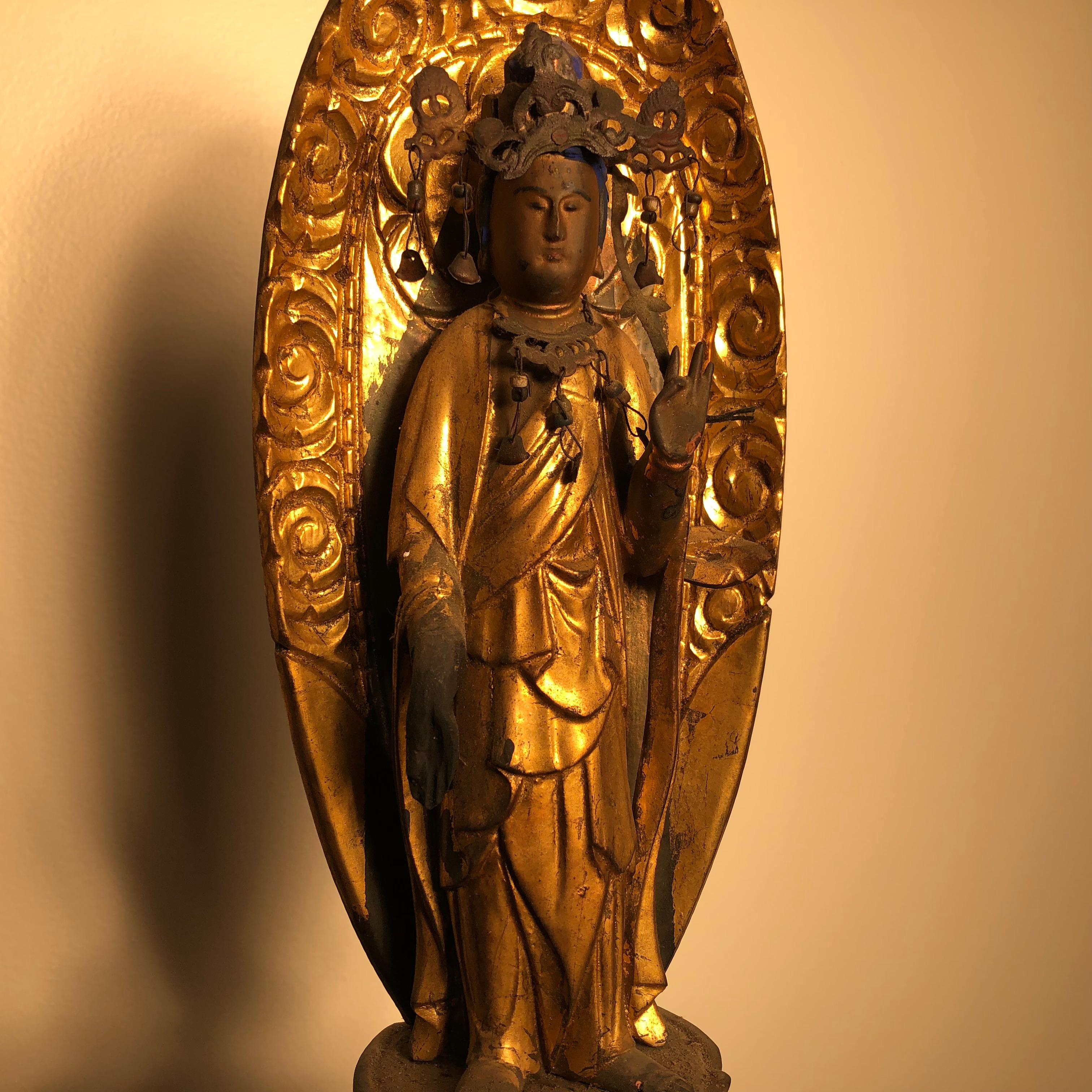 Japanese Japan Old Gold Crowned Kanon Guan Yin, Original Gold Lacquer, Signed