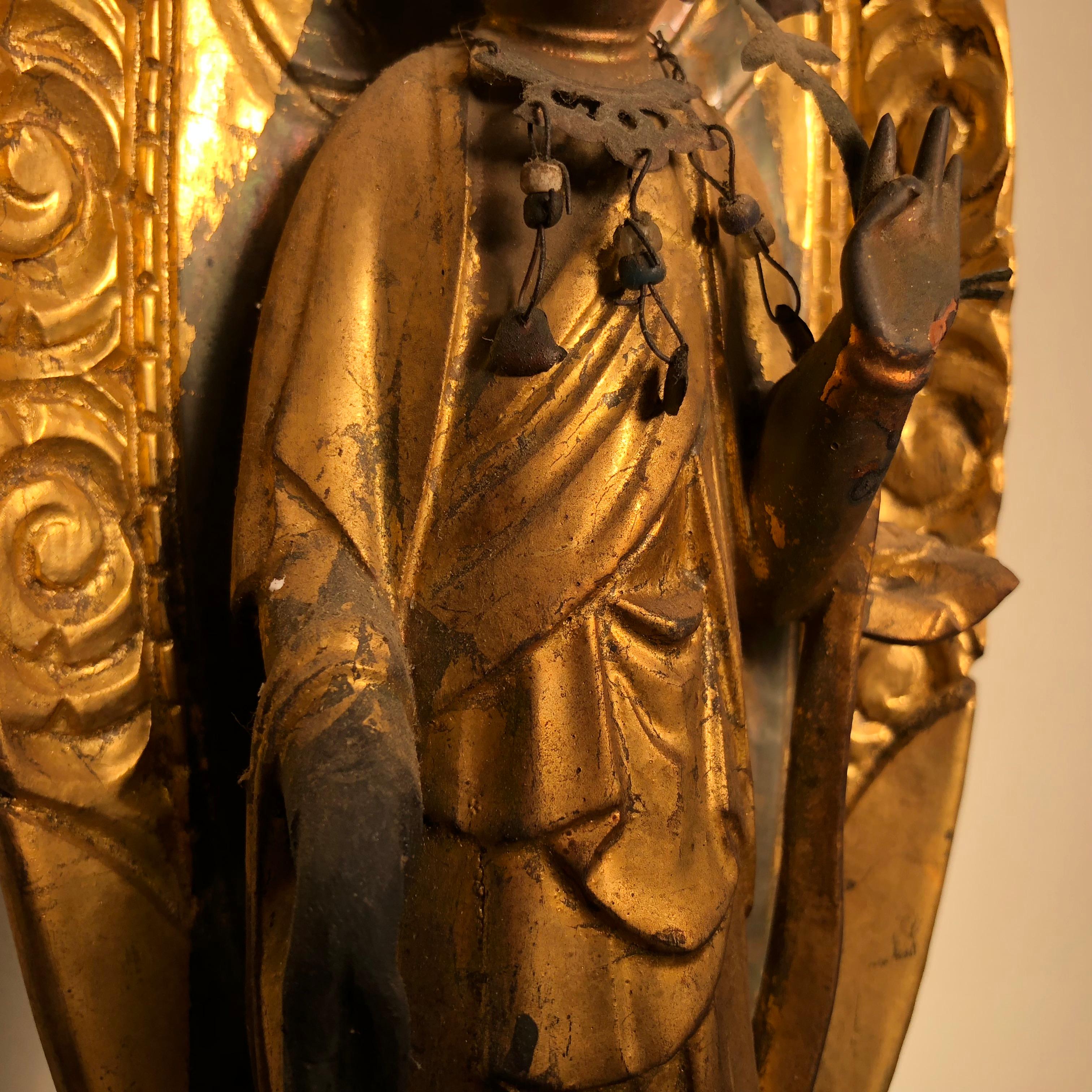 Japan Old Gold Crowned Kanon Guan Yin, Original Gold Lacquer, Signed In Good Condition In South Burlington, VT