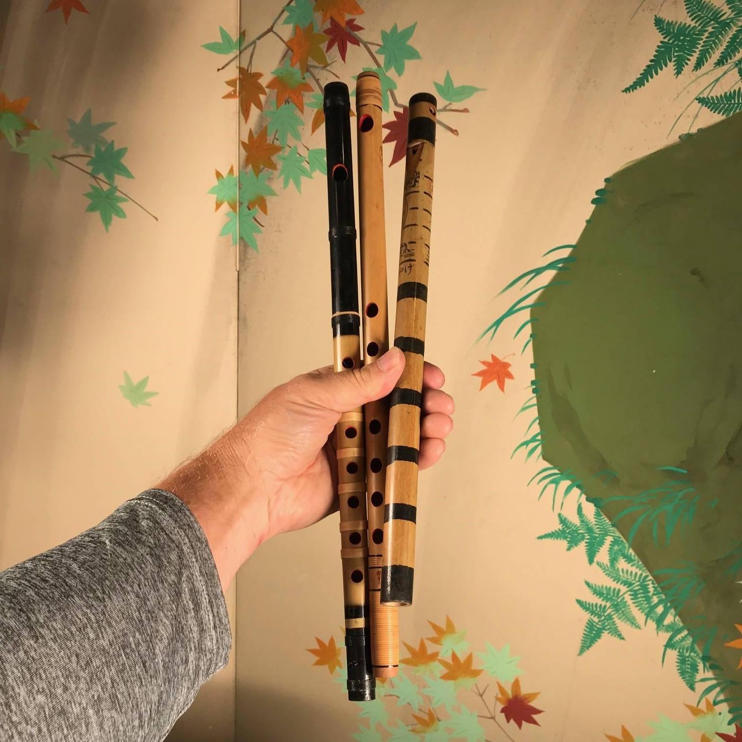 Japan Old Handmade Threesome Bamboo Flutes Shakuhachi Zen Flutes, 1930s 1