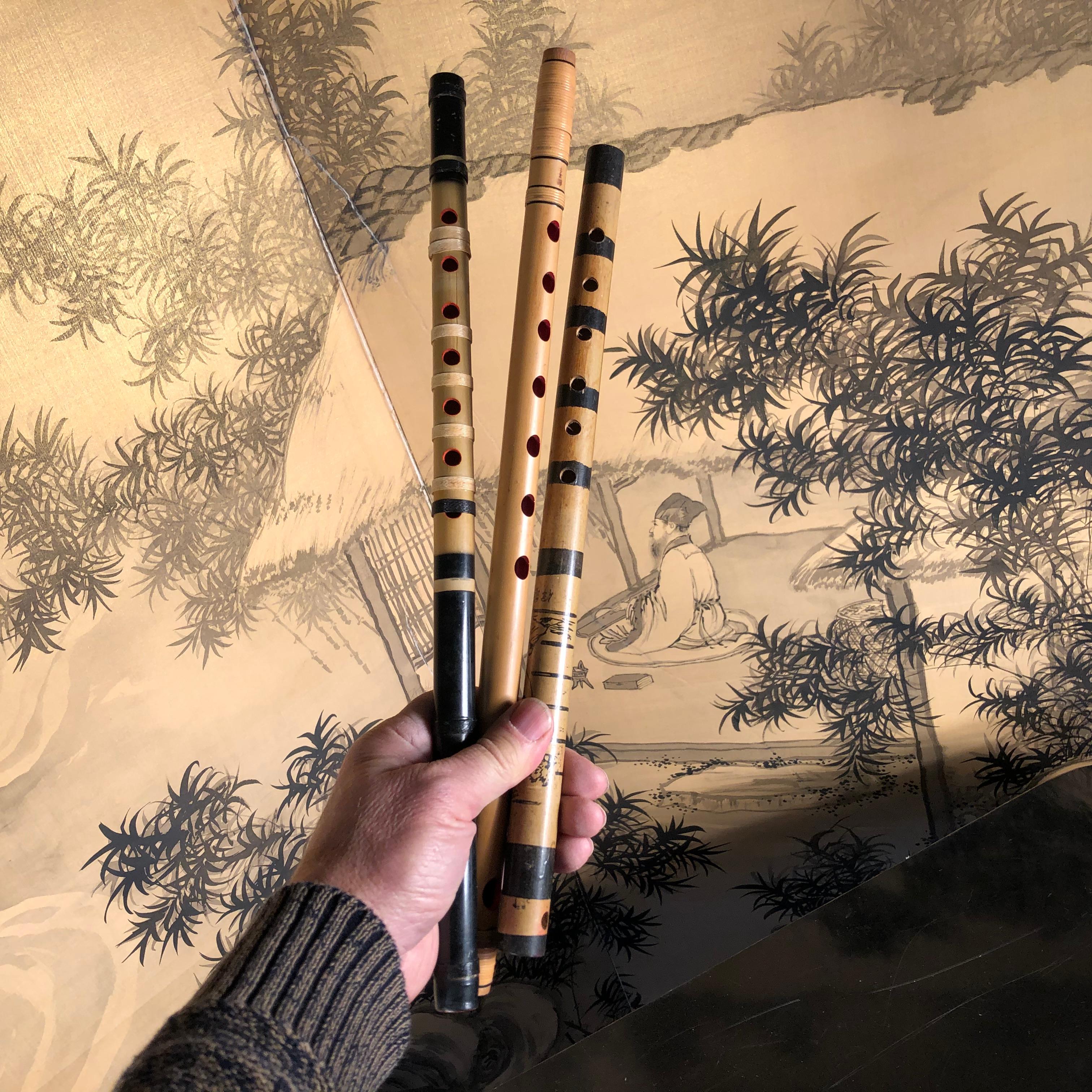 Japanese Japan Old Handmade Threesome Bamboo Flutes Shakuhachi Zen Flutes, 1930s