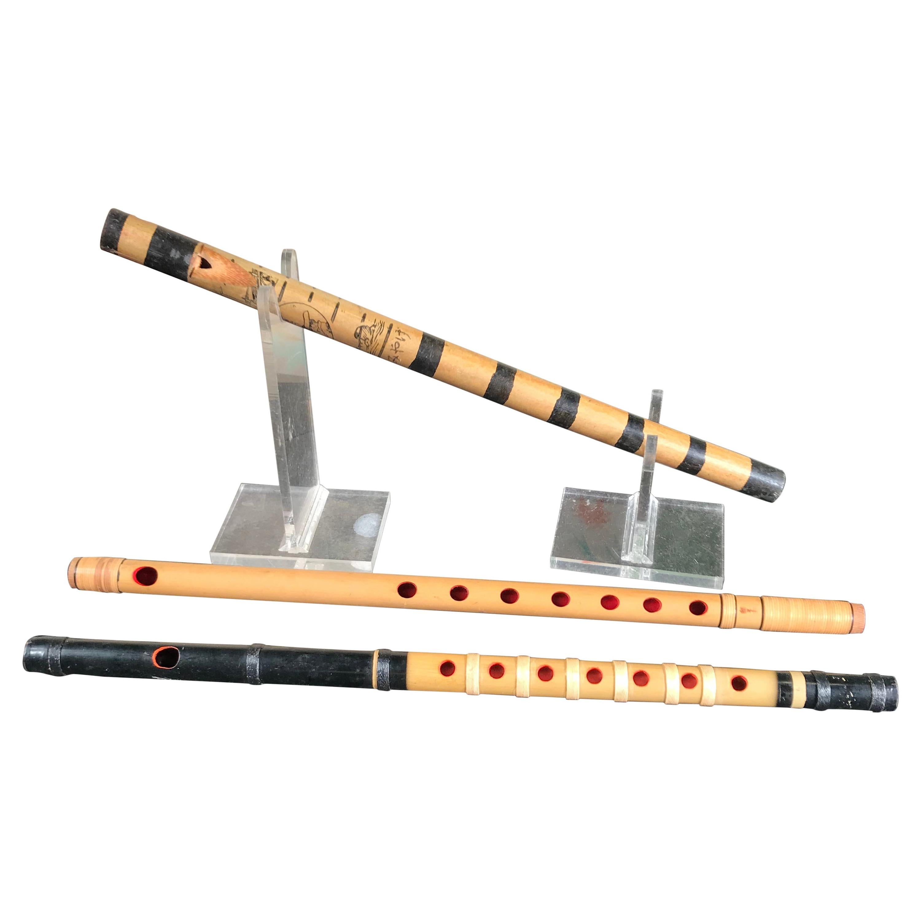 Japan Old Handmade Threesome Bamboo Flutes Shakuhachi Zen Flutes, 1930s