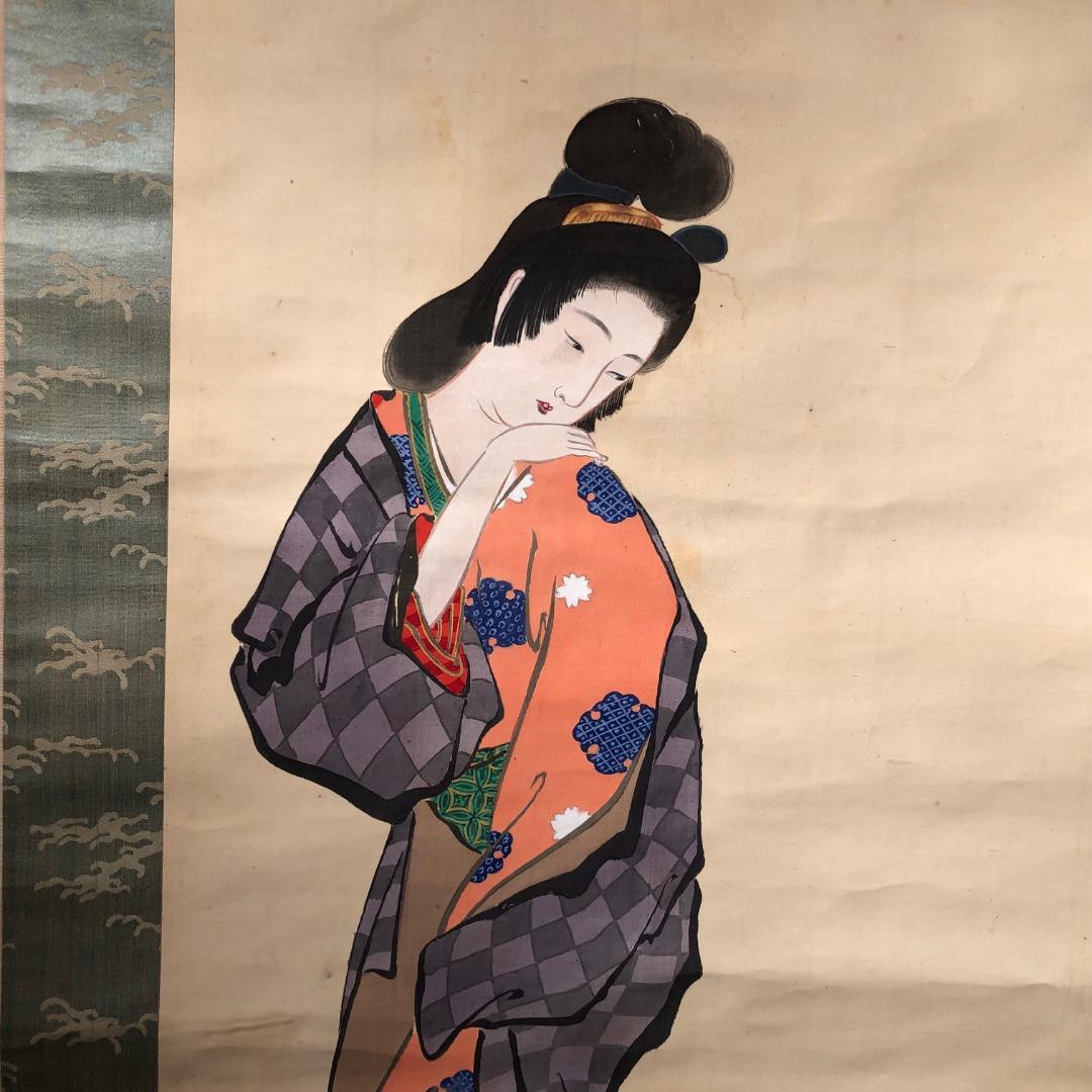 Japanese Kimono Beauty & Cat  Silk Scroll 3