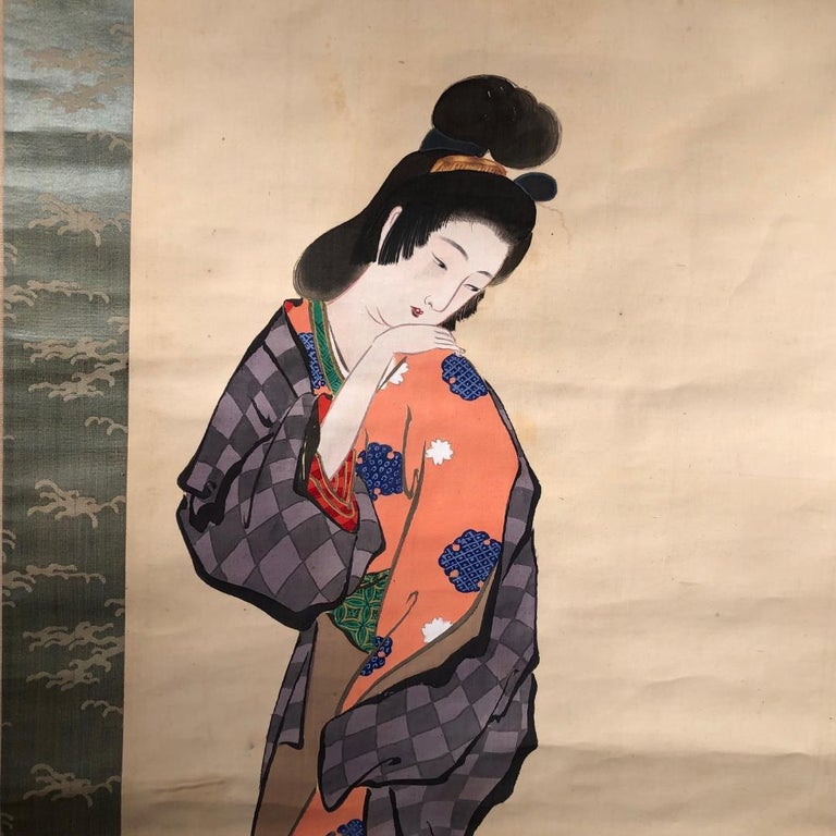 Japanese Tea Scroll Kimono Beauty & Cat Hand Painted Silk Scroll For Sale 6