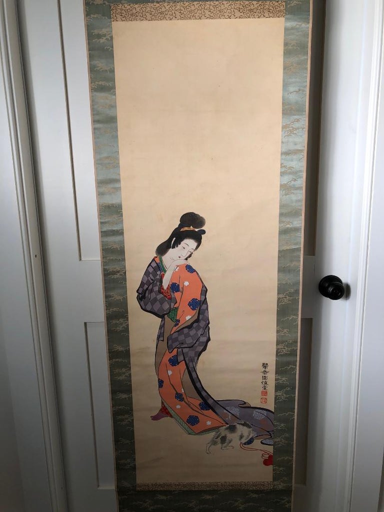Showa Japanese Tea Scroll Kimono Beauty & Cat Hand Painted Silk Scroll For Sale