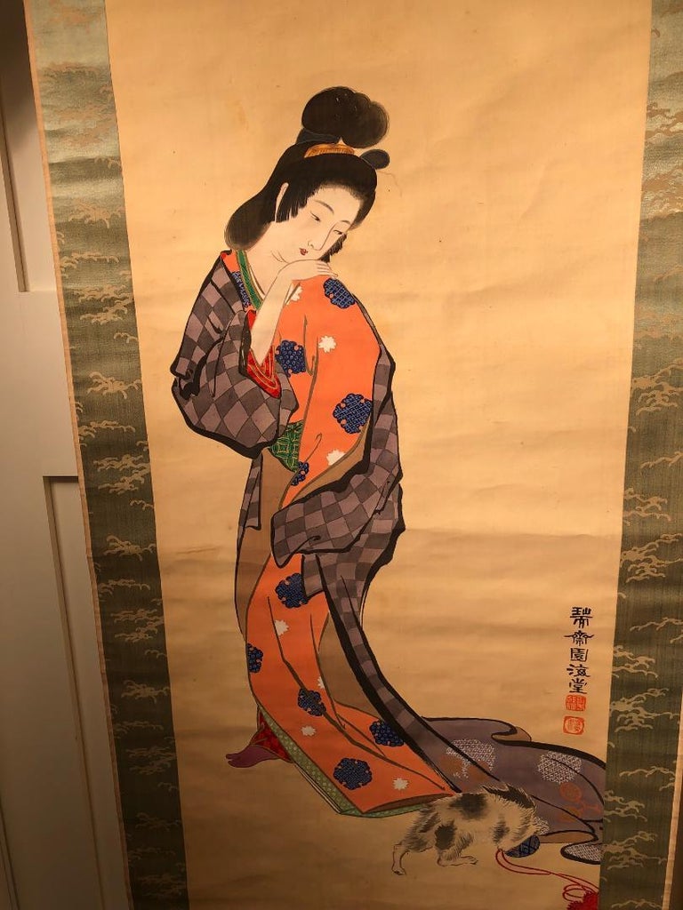 Hand-Painted Japanese Tea Scroll Kimono Beauty & Cat Hand Painted Silk Scroll For Sale