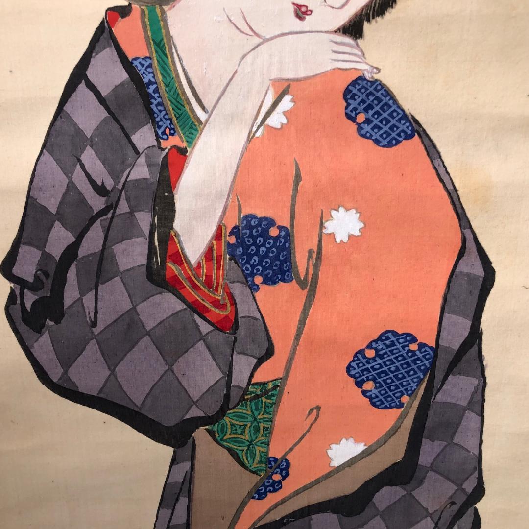 Hand-Painted Japanese Kimono Beauty & Cat  Silk Scroll