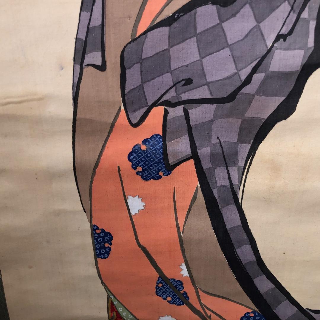 Japanese Kimono Beauty & Cat  Silk Scroll In Good Condition In South Burlington, VT