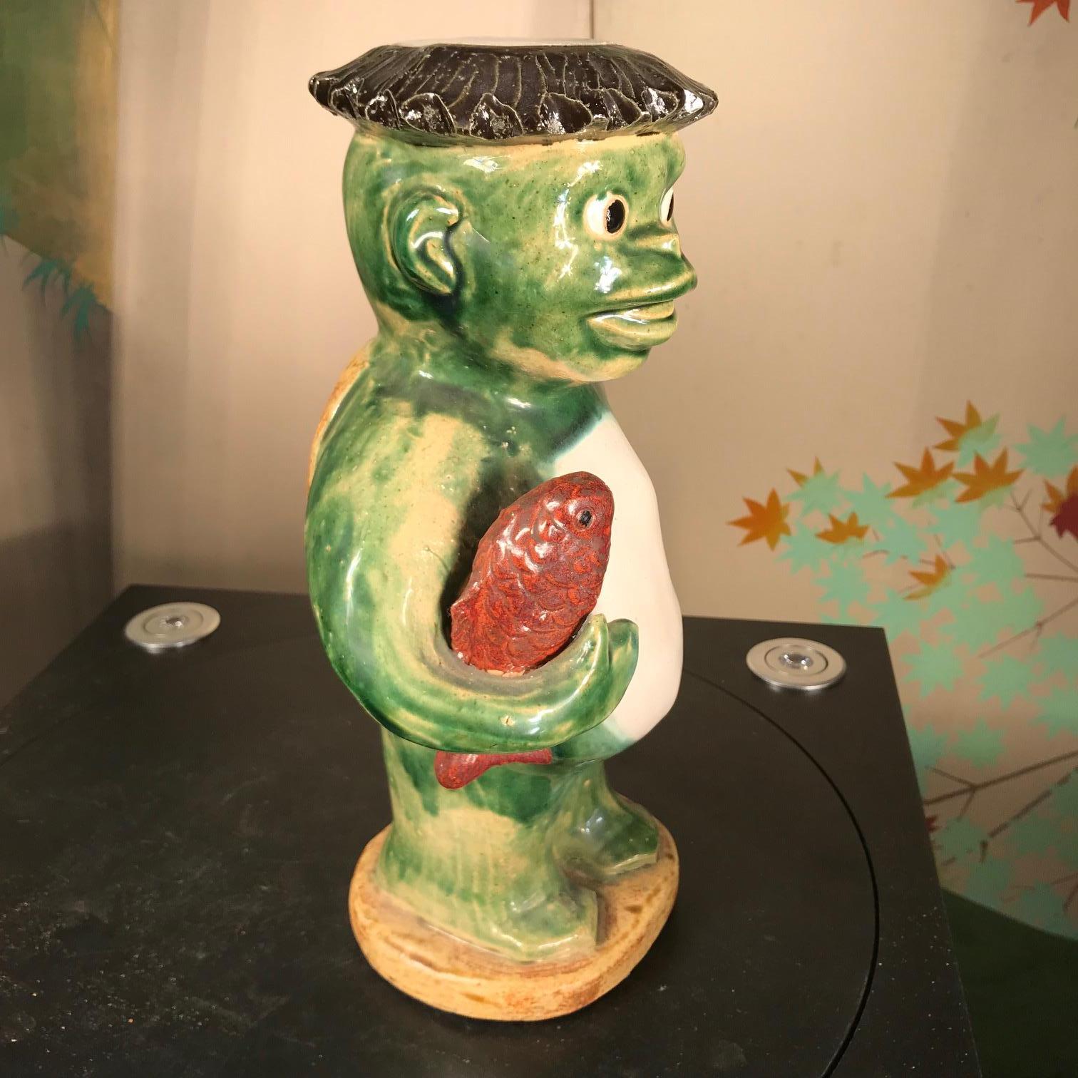 Japan Old Kappa Folk Art Garden Water Deity Brilliant Colors In Good Condition In South Burlington, VT