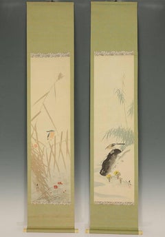 Japan Old Pair of Birds and Flowers Silk Scrolls, Hand-Painted and Signed