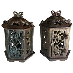 Vintage Japan Old Pair "Butterfly" Flower Garden Lanterns