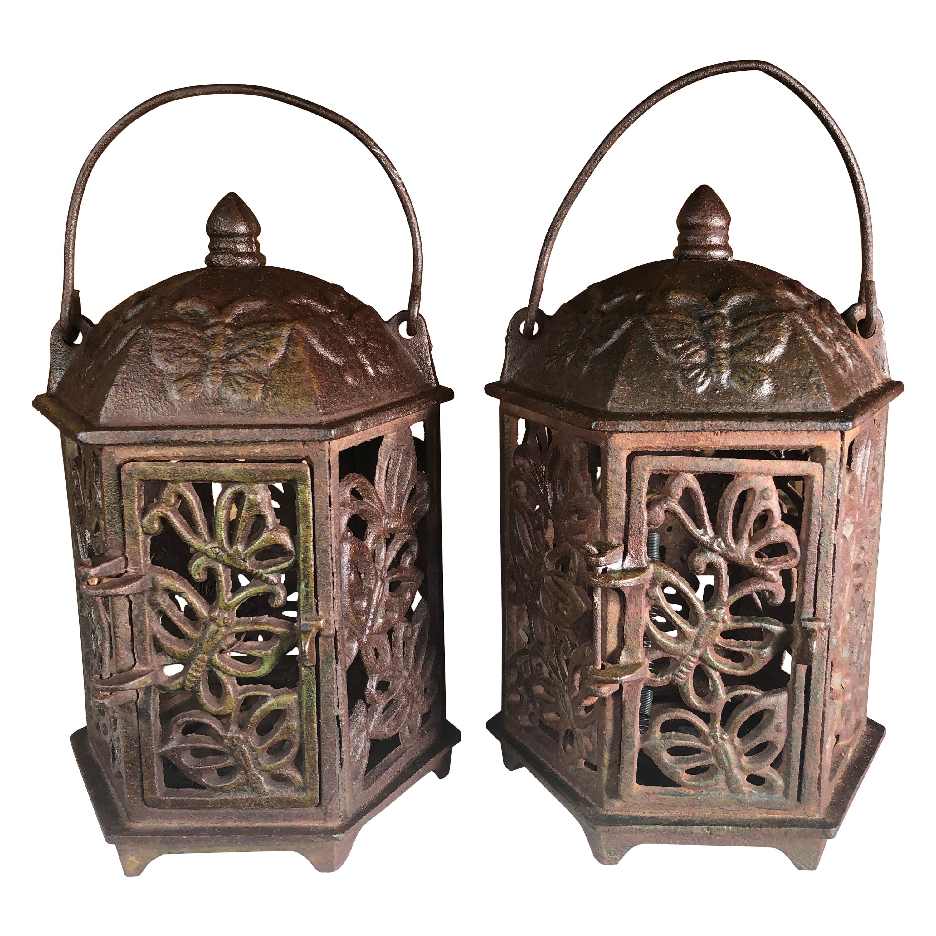 Japan Old Pair "Butterfly" Flower Garden Lanterns