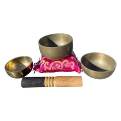Japan Old Temple Bell Set Three, Silk Cushion, Hardwood Striker Beautiful Sounds