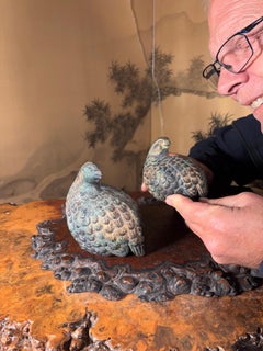 Japan Pair Antique Gilt Quail Sculptures Hand-Cast, Signed