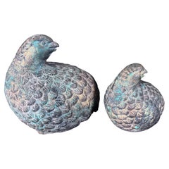 Japan Pair Antique Gilt Quail Sculptures Hand-Cast, Signed