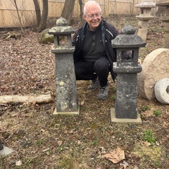 Japan Pair Antique Stone Sun And Moon Path Lanterns, Fine Patina 36 Inches