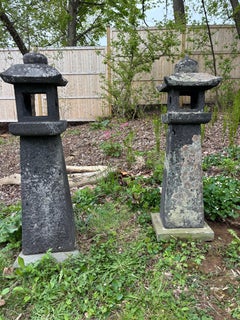 Japan Pair Antique Stone Sun And Moon Path Lanterns, Fine Patina 42 Inches
