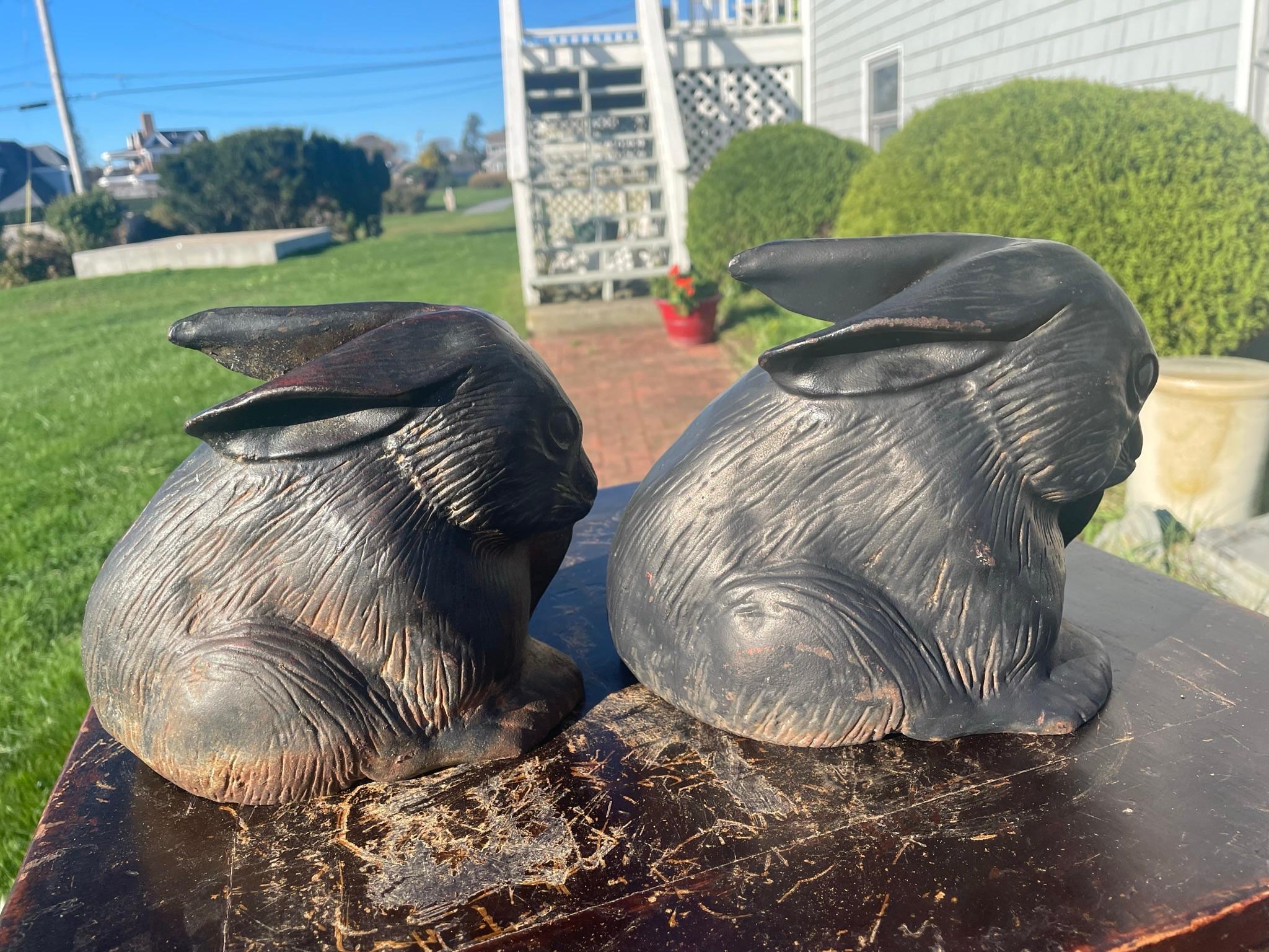 Japan Pair Fine Big Old Furry Bronze Rabbits 3
