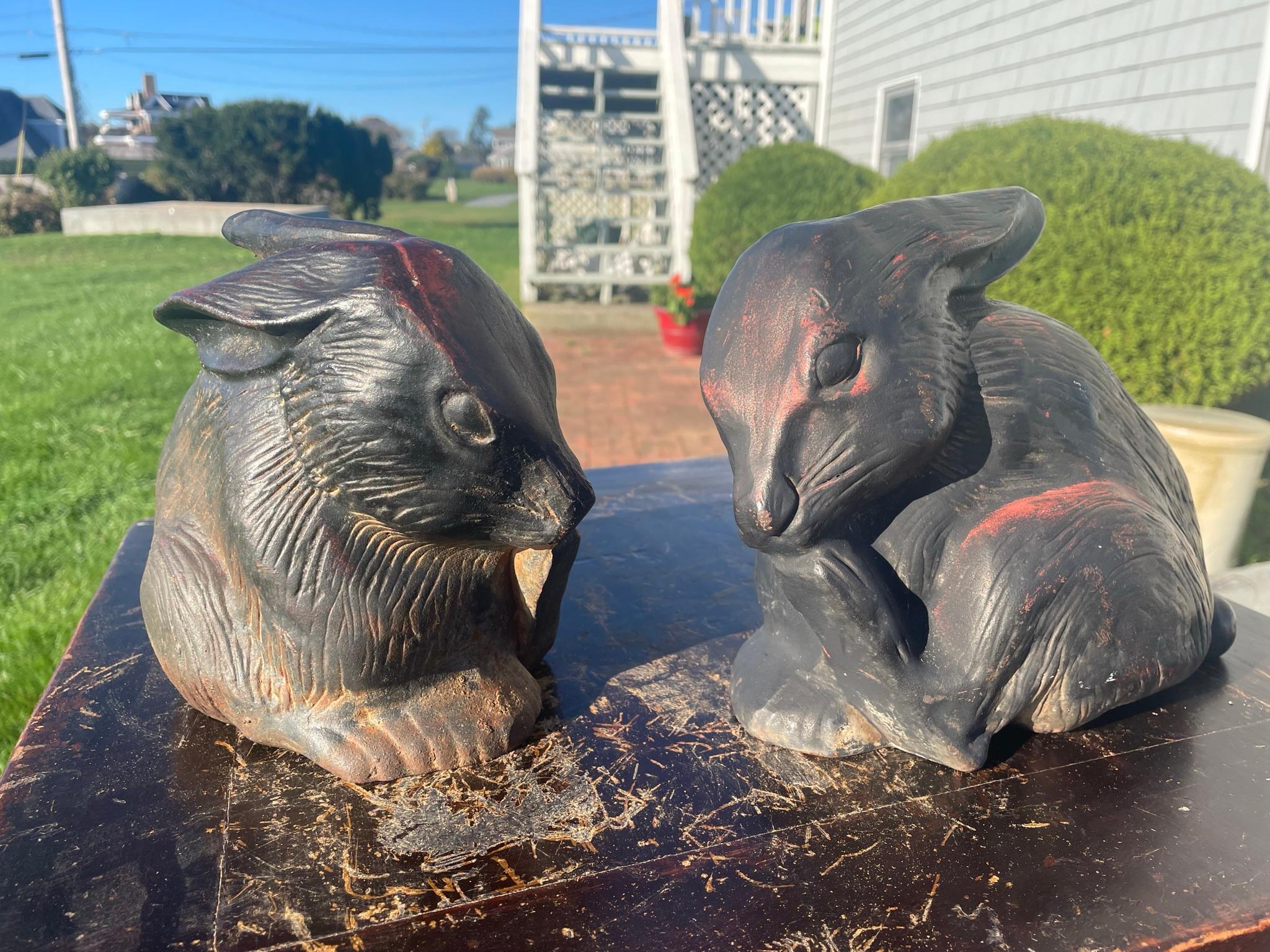 Showa Japan Pair Fine Big Old Furry Bronze Rabbits