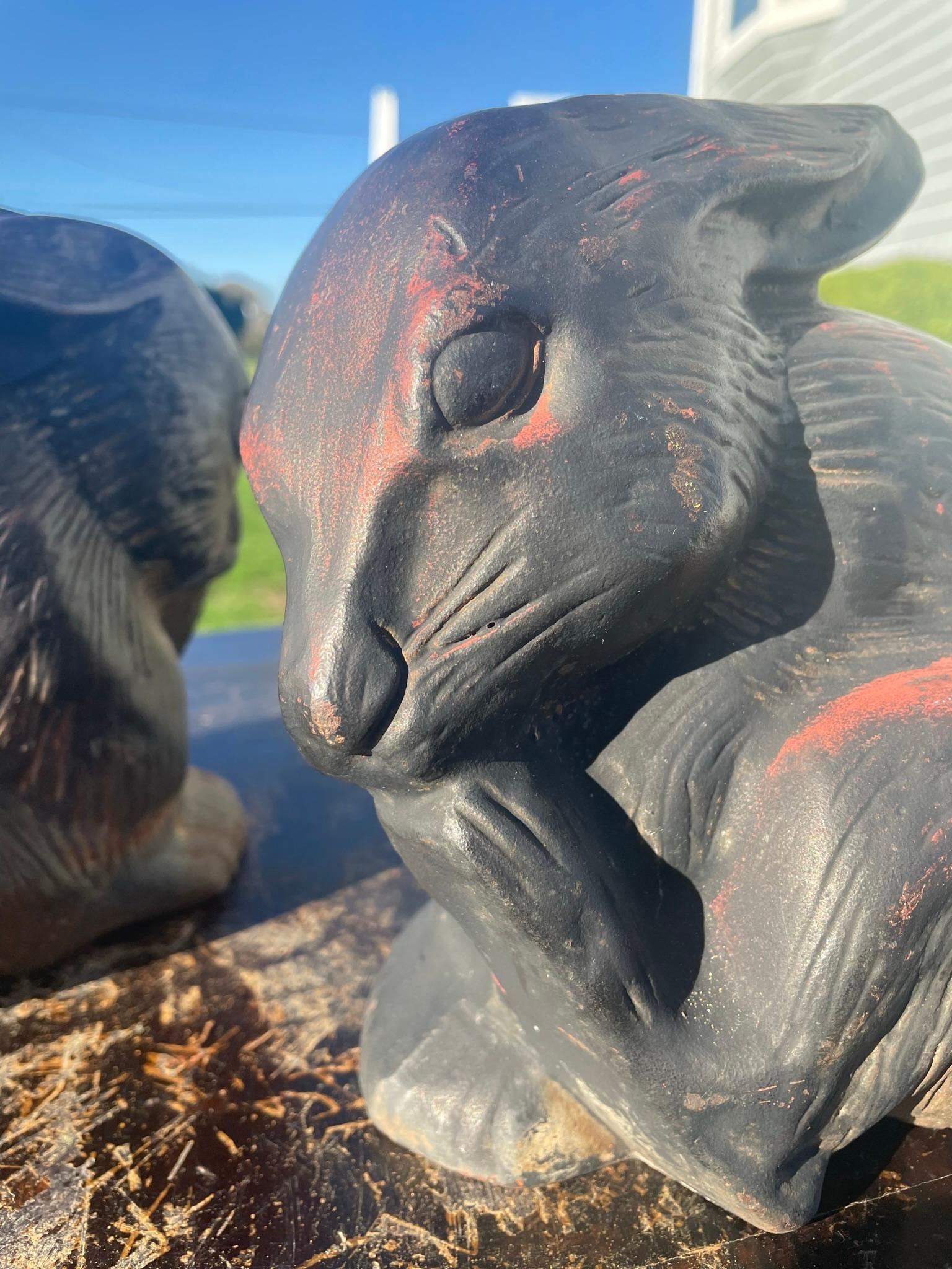 Cast Japan Pair Fine Big Old Furry Bronze Rabbits