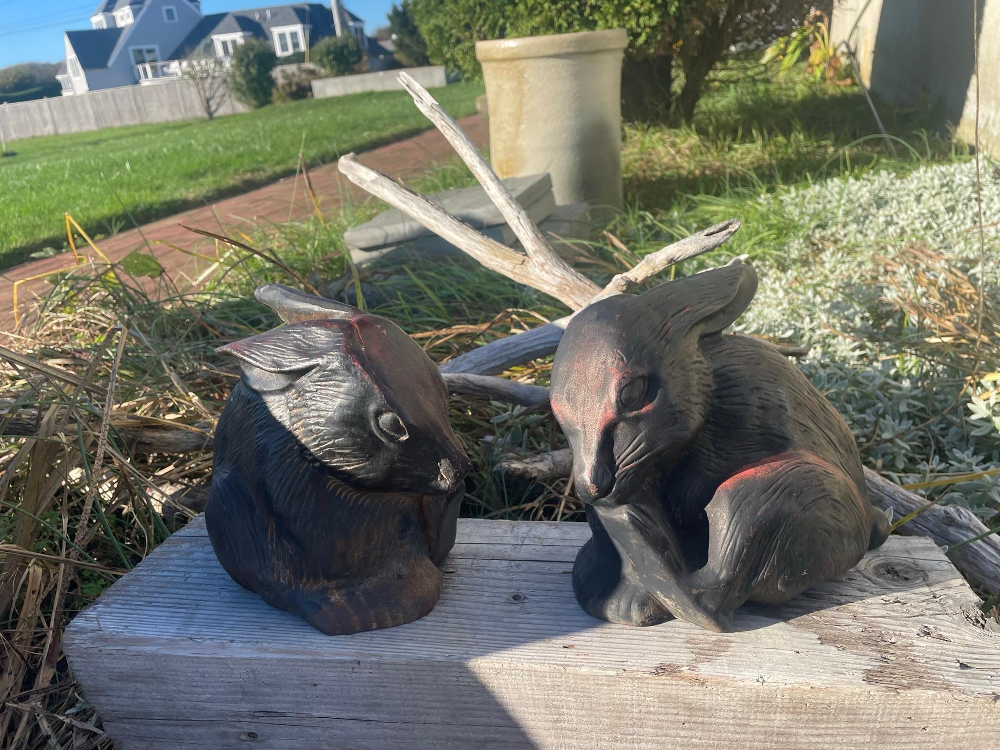 20th Century Japan Pair Fine Big Old Furry Bronze Rabbits