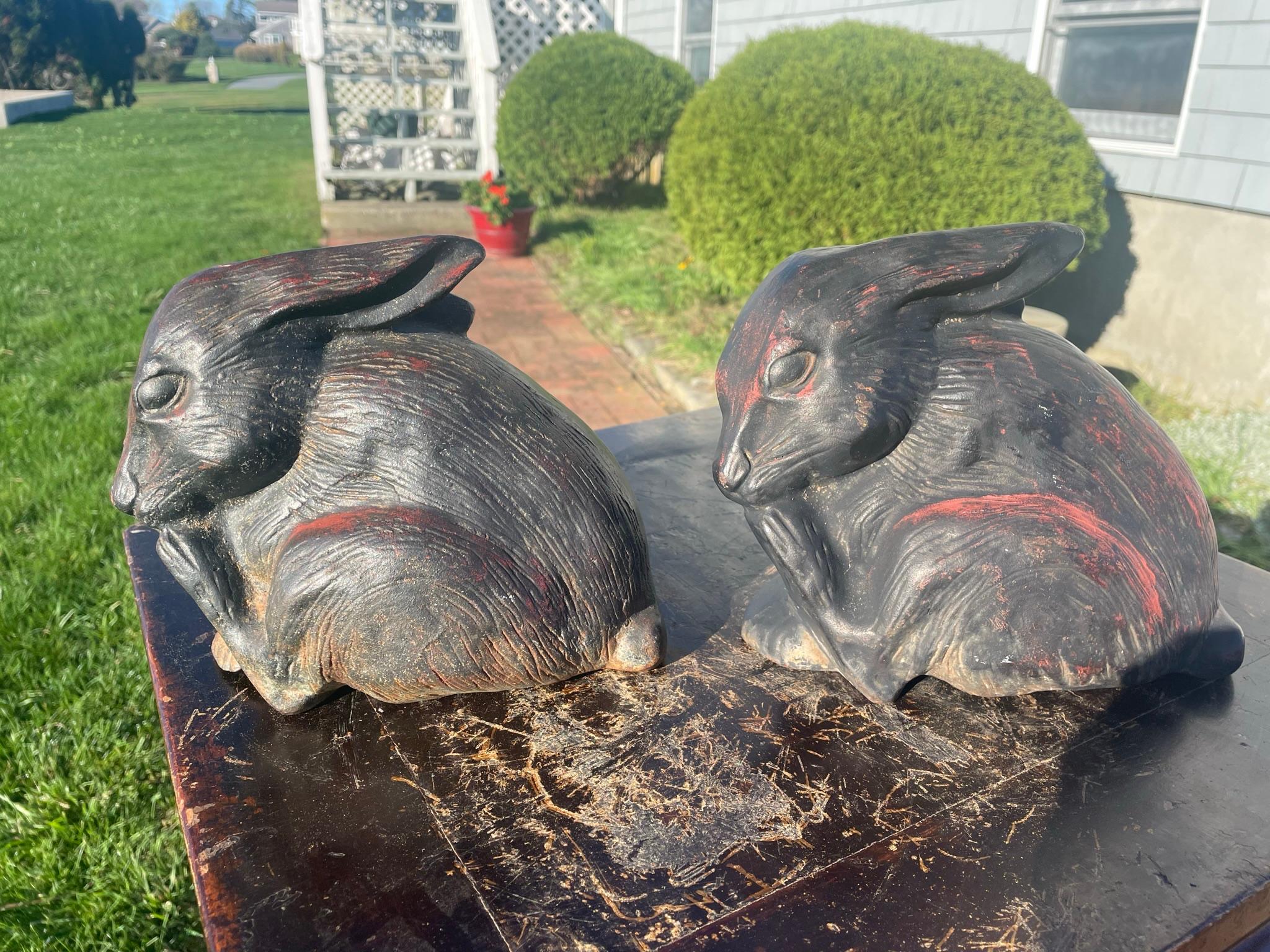 Japan Pair Fine Big Old Furry Bronze Rabbits 1