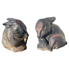 Japan Pair Fine Big Old Furry Bronze Rabbits