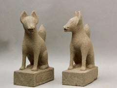Japan Pair of Hand Carved Stone Fox Kitsune, Old Inari Temple