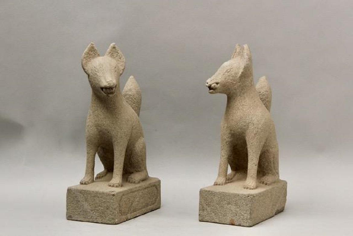 Showa Japan Pair of Hand Carved Stone Fox Kitsune, Old Inari Temple